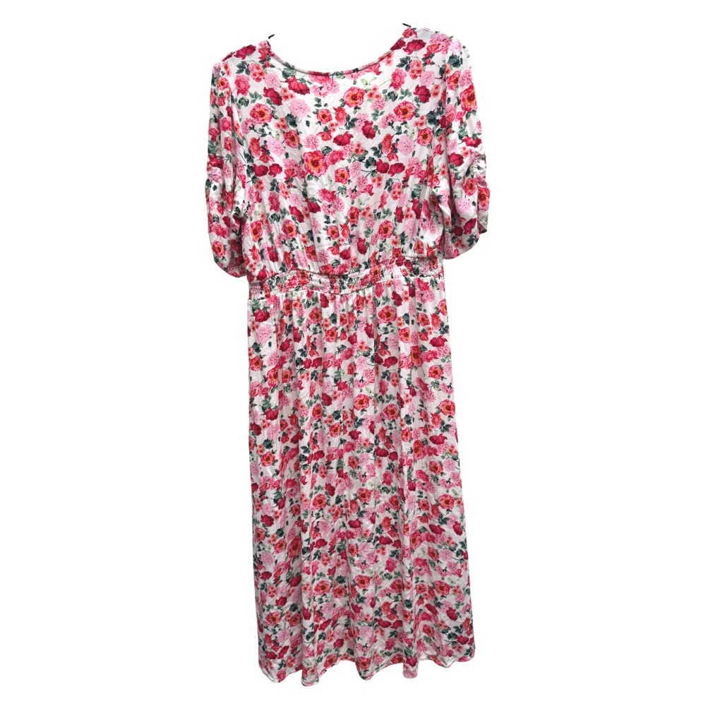 Old Navy Floral Puff Sleeve Ruched Front Midi Dress Pink Large High Low Rose - Picture 3 of 7